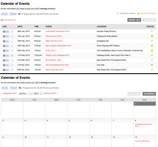 Choose between the 'Event List' (top) or 'Calendar view